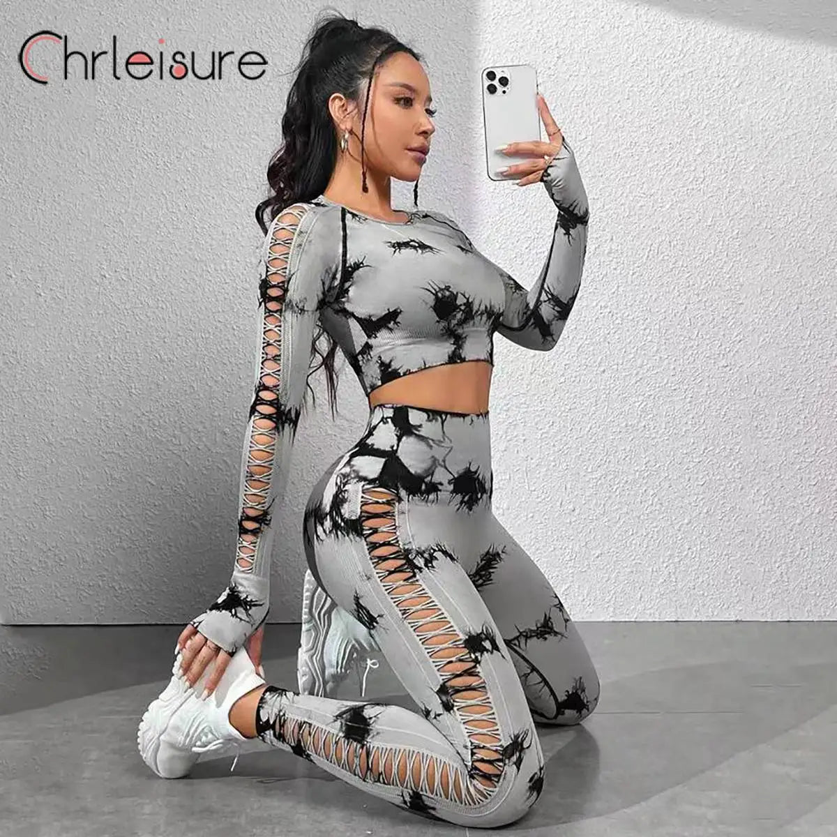 Tie-Dye Side Hollow Long Sleeve Top Set