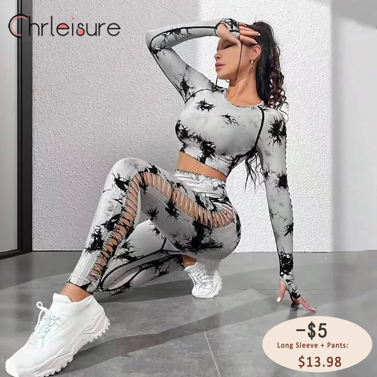 Tie-Dye Side Hollow Long Sleeve Top Set